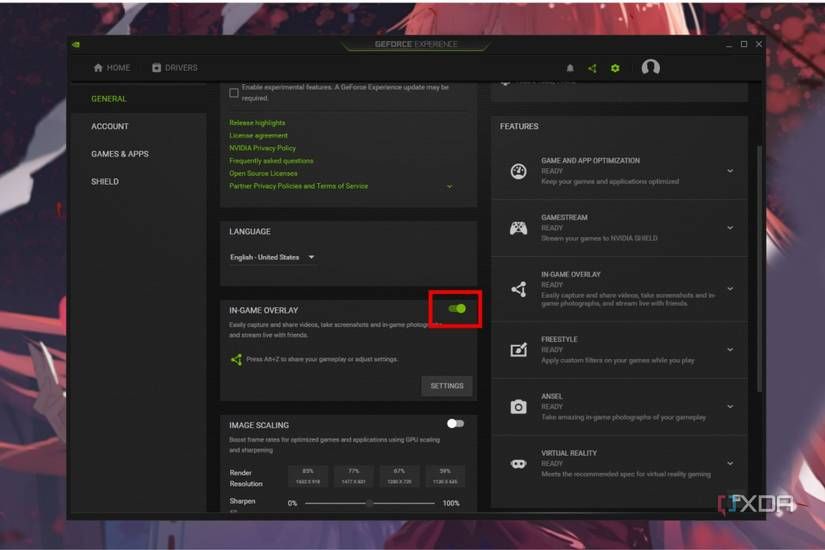 게임 내 오버레이 스위치가 포함된 GeForce Experience 일반 설정 화면
