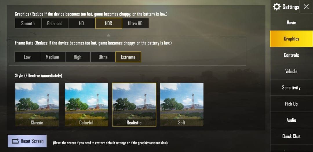 울트라 익스트림 옵션이 선택되고 120 FPS 슬라이더가 최대로 설정된 배틀그라운드 모바일 프레임 레이트 설정 메뉴