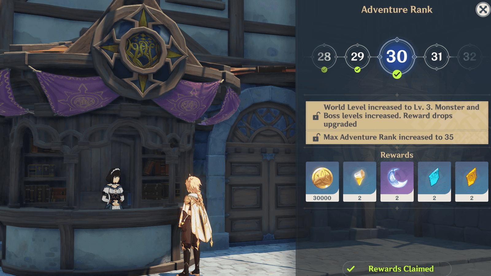 Genshin Impact Adventure Rank display showing the level requirement for code redemption