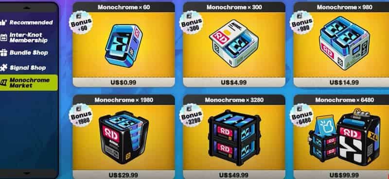 Carta perbandingan pek tambah nilai Monochrome biasa dan diskaun 35% dalam Zenless Zone Zero