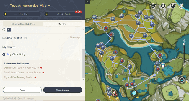 Interactive map showing a created farming route with connected pins and waypoints