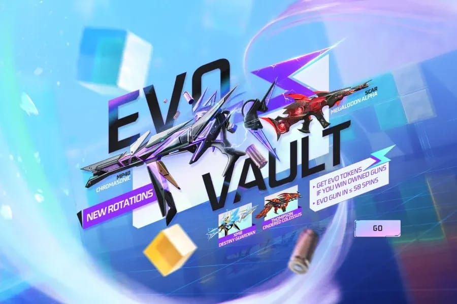 Comparaison des récompenses Free Fire Evo Vault : FAMAS Sourire Démoniaque, MP5 Divinité de Platine, M1014 Draconique de Flamme Verte, MP40 Cobra