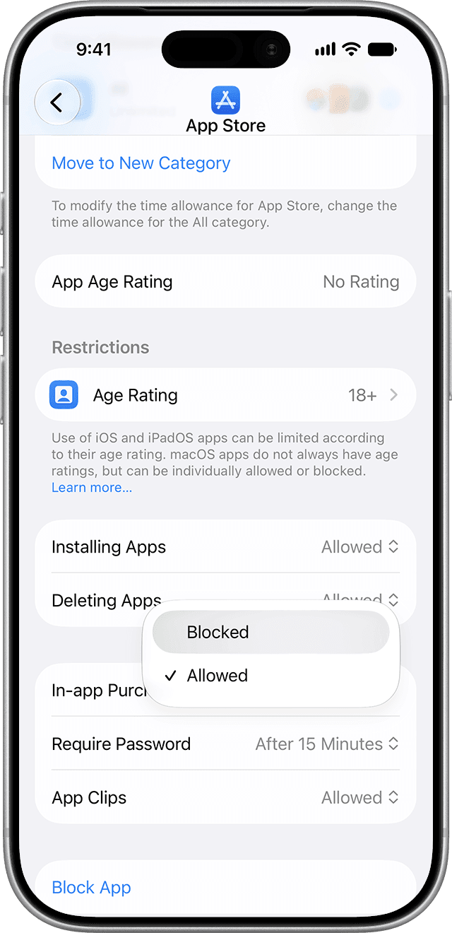 หน้าจอการตั้งค่าเวลาหน้าจอบน iPhone สำหรับการบล็อกการซื้อภายในแอป
