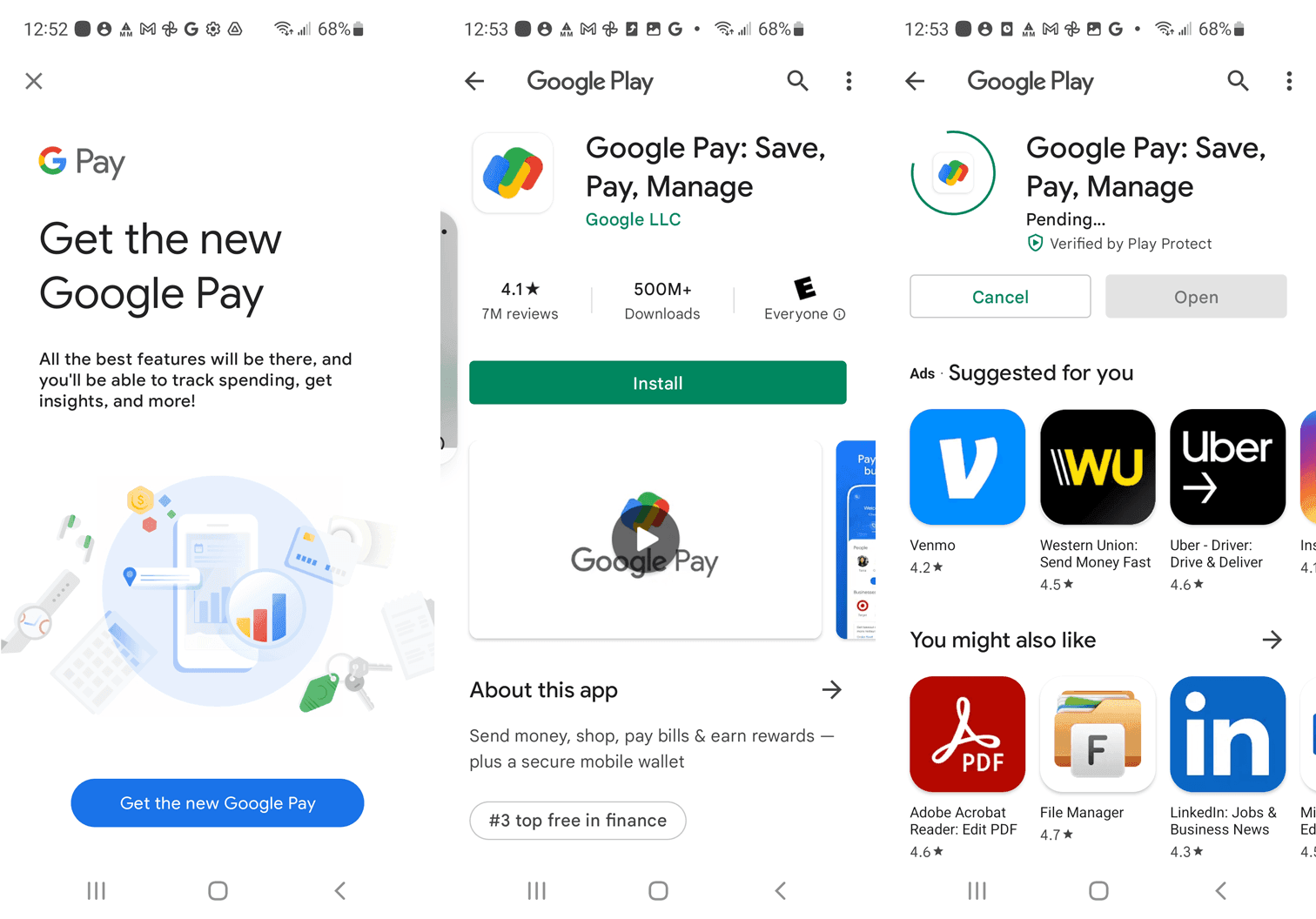 Google Play Store payment settings screen showing Google Pay configuration options