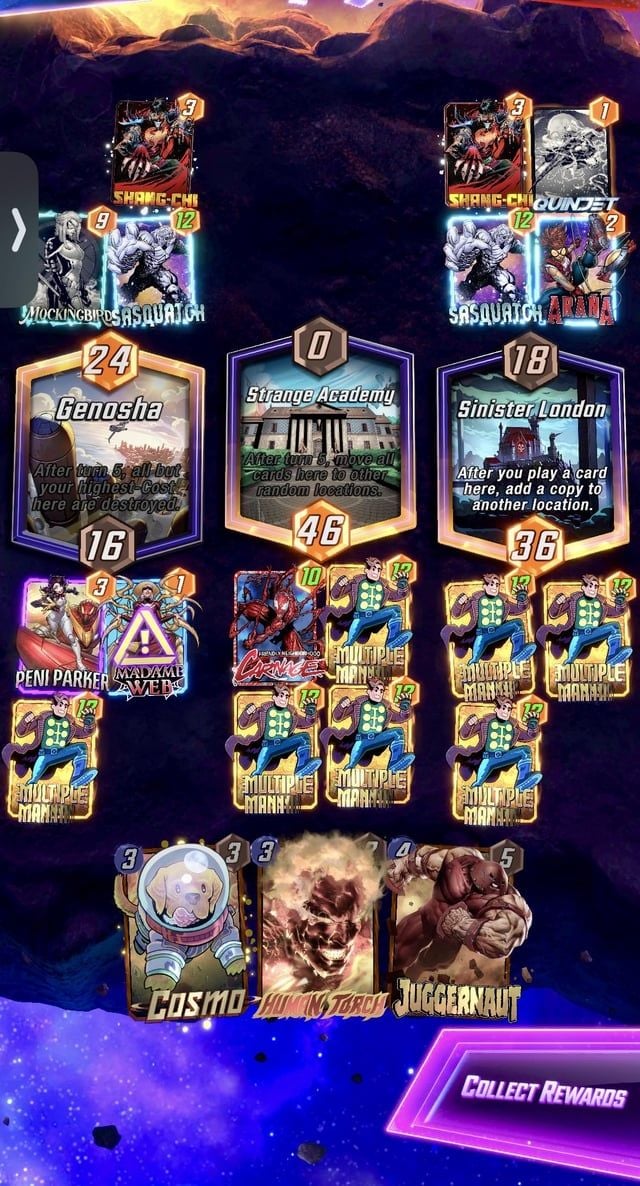 Marvel Snap victory screen showing lane scores and locations won