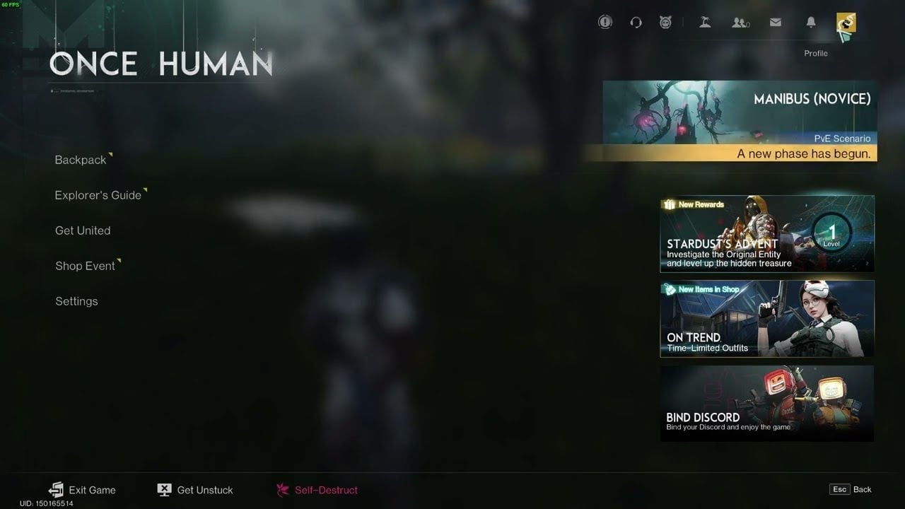 Herní rozhraní Once Human pro odeslání ticketu zákaznické podpoře