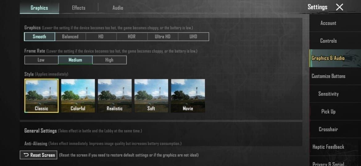 Menu pengaturan grafis PUBG Mobile dengan opsi Smooth dan FPS Ekstrem