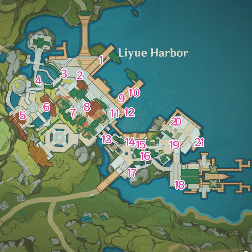 Carte guide des zones de l'itinéraire des Pièces de la fortune du Festival des lanternes 2026 au Port de Liyue