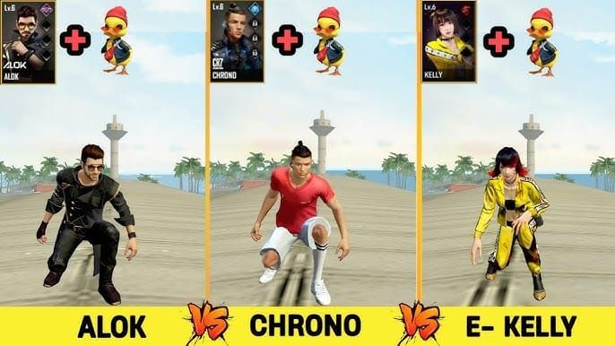 Personnages Free Fire Alok, Chrono et Kelly avec descriptions de compétences pour la récupération du Score d'Honneur