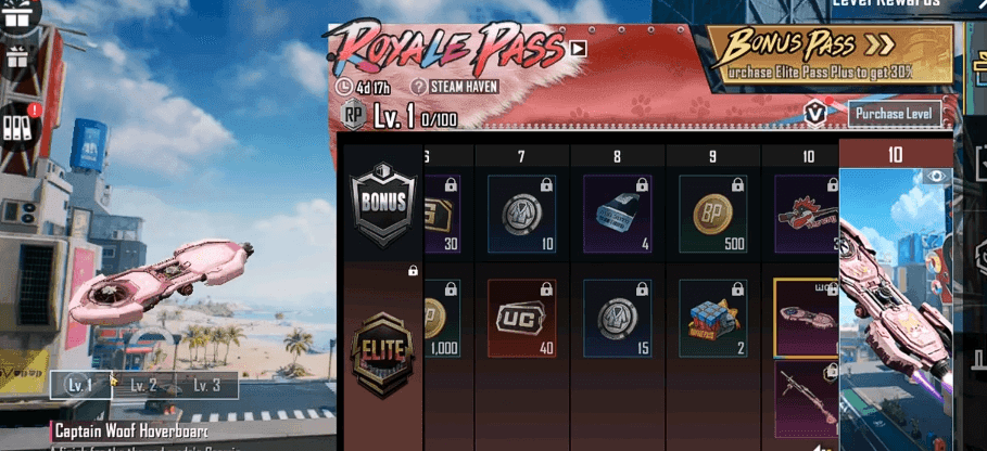 PUBG Mobile Royale Pass screen displaying tier rewards and Elite Pass purchase option