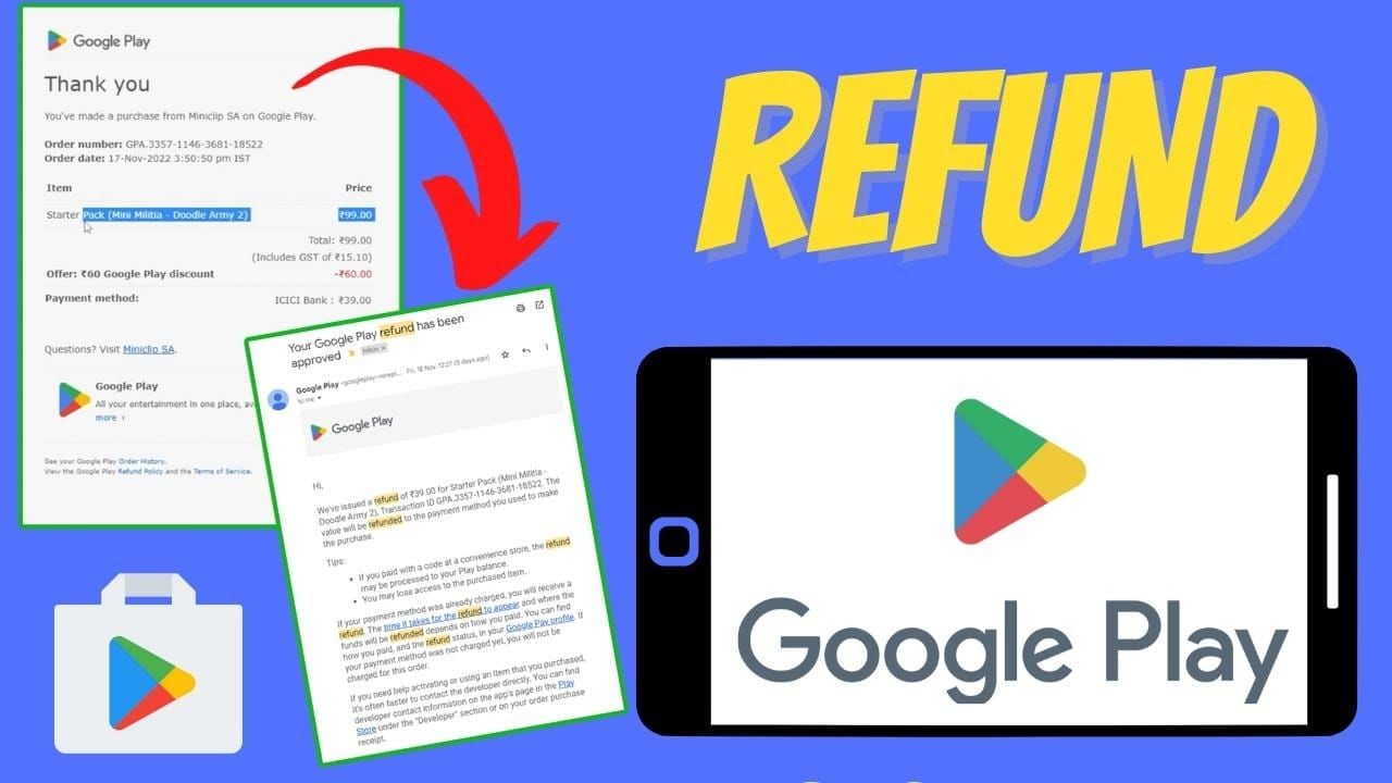 Google Play Store interface showing account menu and order history navigation for refunds