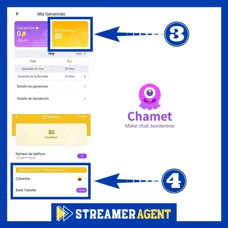 And app interface displaying Chamet host earnings tracking with daily updates and conversion history