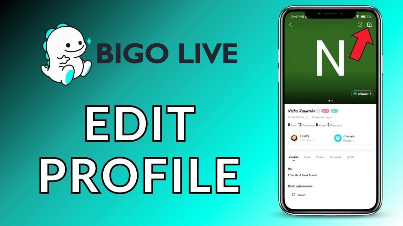Step-by-step guide showing how to navigate to BIGO ID editing options in Bigo Live app