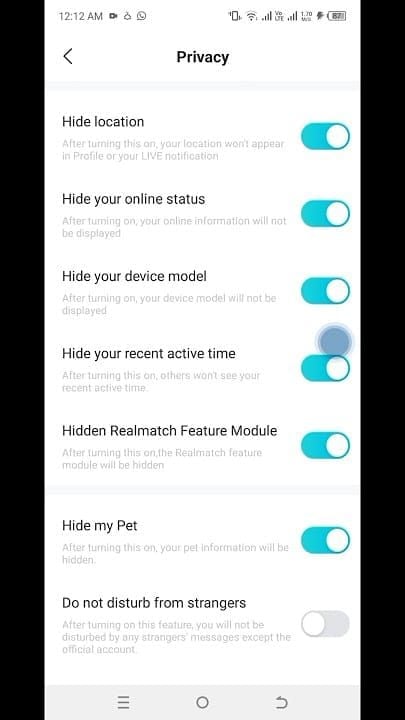Bigo Live privacy settings interface with various privacy control options