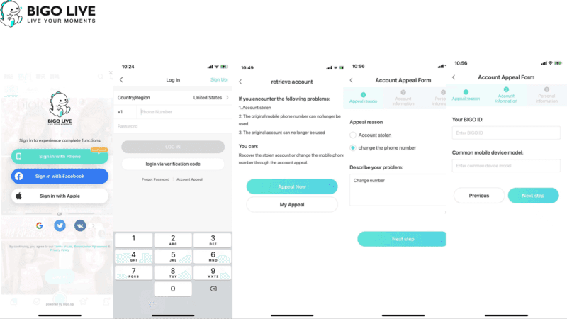Bigo Live profile screen displaying username and BIGO ID location