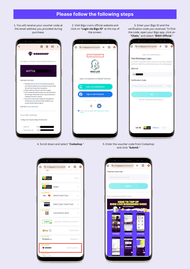 Bigo Live voucher redemption interface displaying Diamond and Bean currency conversion options