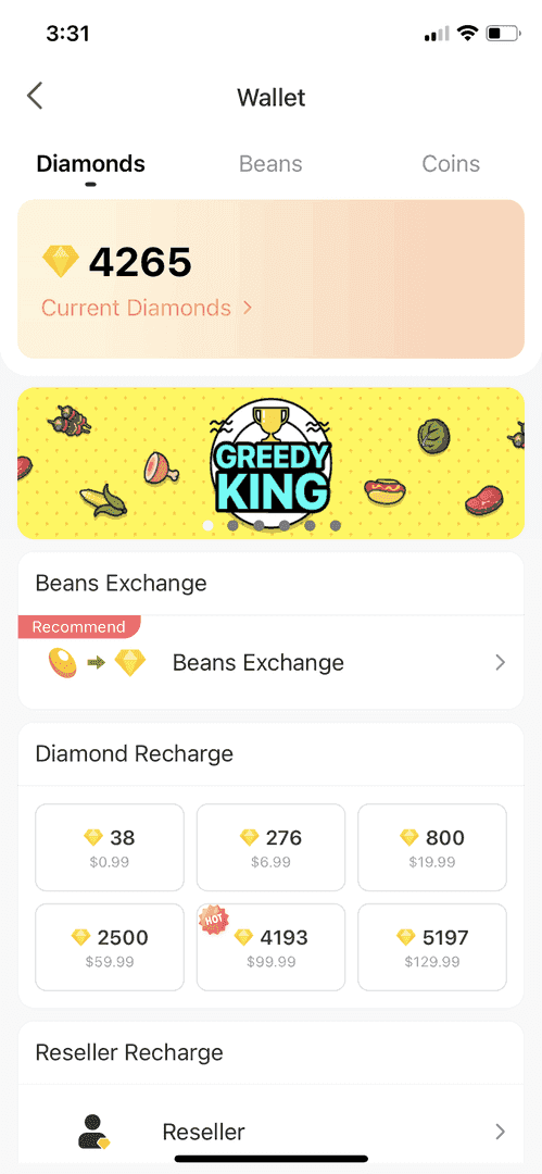 Bigo Live wallet interface showing Bean balance and USD conversion rate