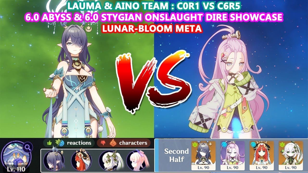 Optimal Lunar-Bloom team composition featuring Lauma, Aino, Furina, and Kazuha with elemental synergy visualization