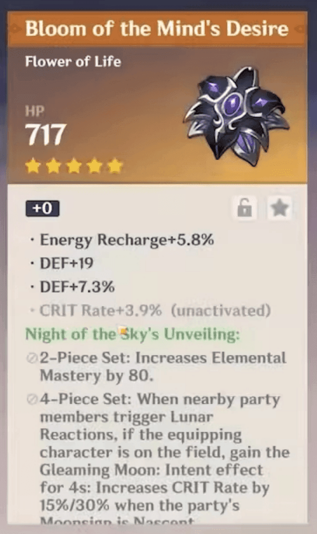 Night of the Sky's Unveiling artifact set with stat bonuses and Lunar-Bloom specific effects