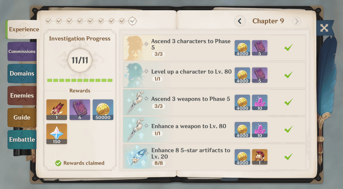 Adventure Handbook interface showing red notification indicators and claim buttons for Encounter Points rewards