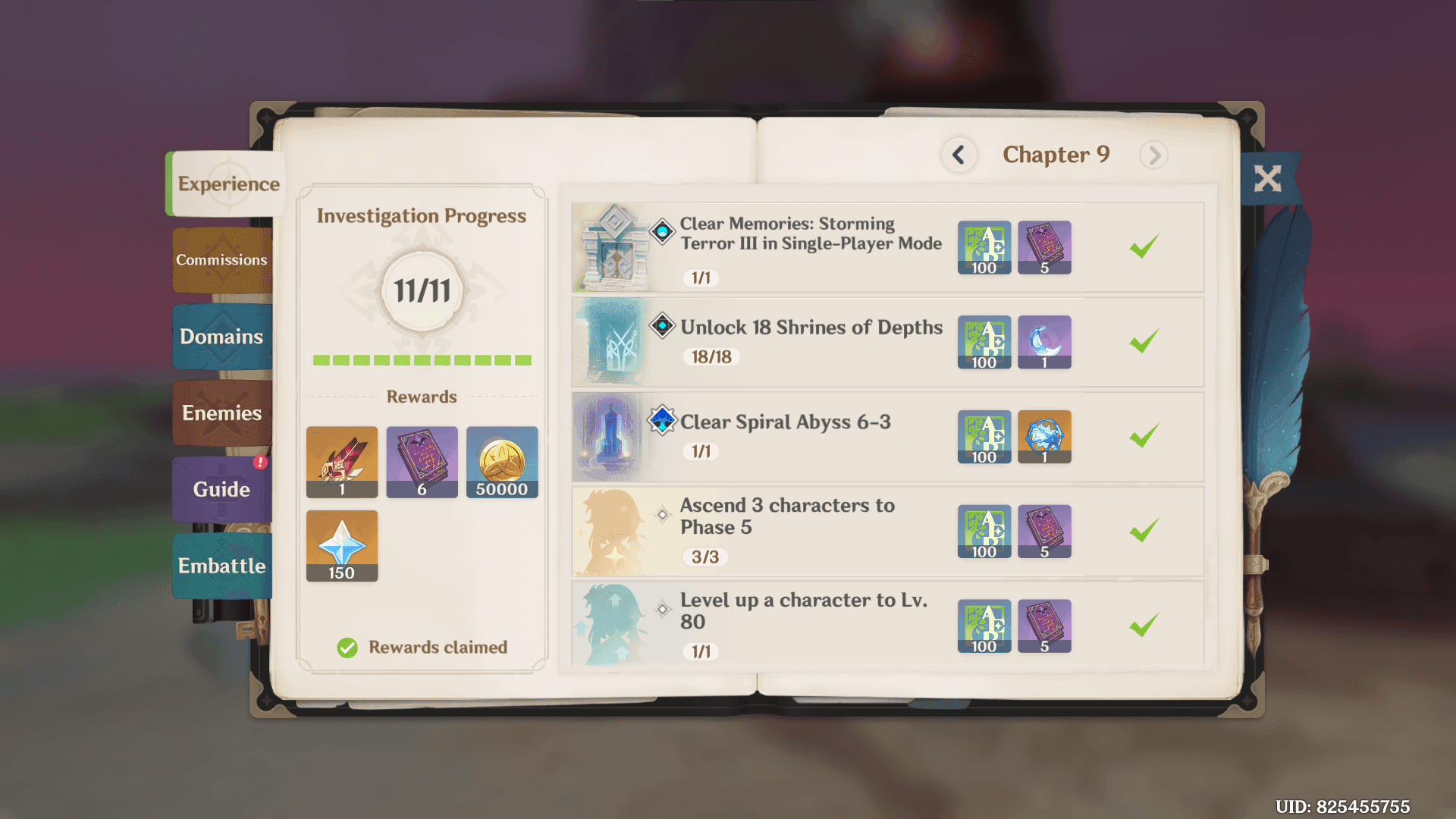 Genshin Impact Adventure Handbook showing Encounter Points progress and daily rewards interface