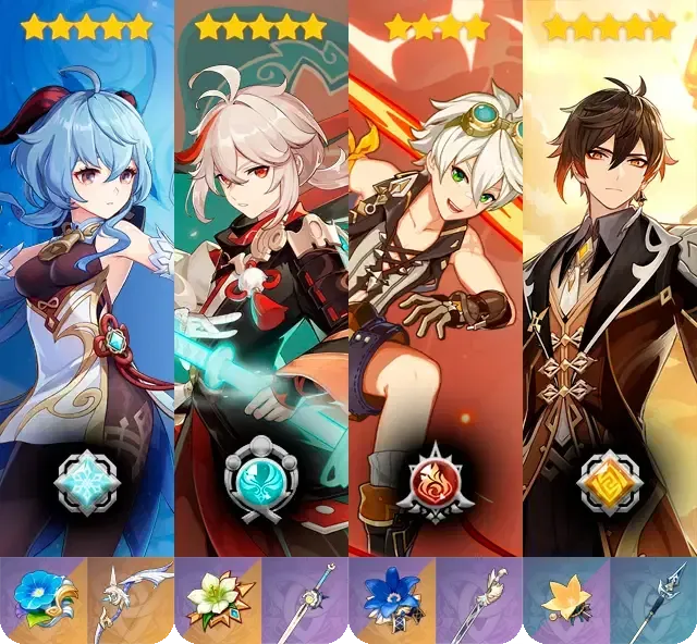 Team composition showing Bennett, Zhongli, Ganyu, and Kazuha as recommended characters for Radiant Moonfly