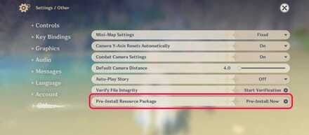 Genshin Impact pre-installation settings and options interface