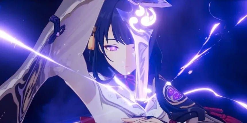 Raiden Shogun executing her Elemental Burst ability in Genshin Impact