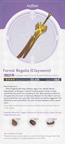 Forest Regalia claymore weapon from Genshin Impact showing its stats and design