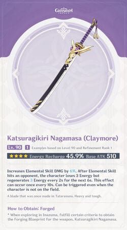 Katsuragikiri Nagamasa claymore weapon from Genshin Impact displaying its stats and unique design