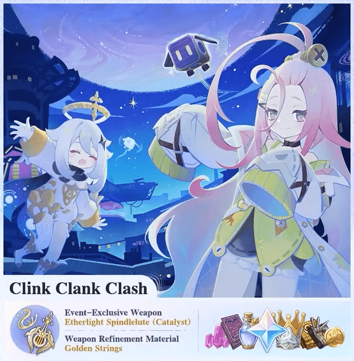 Genshin Impact Clink Clank Clash event gameplay screenshot showing robot combat and event interface