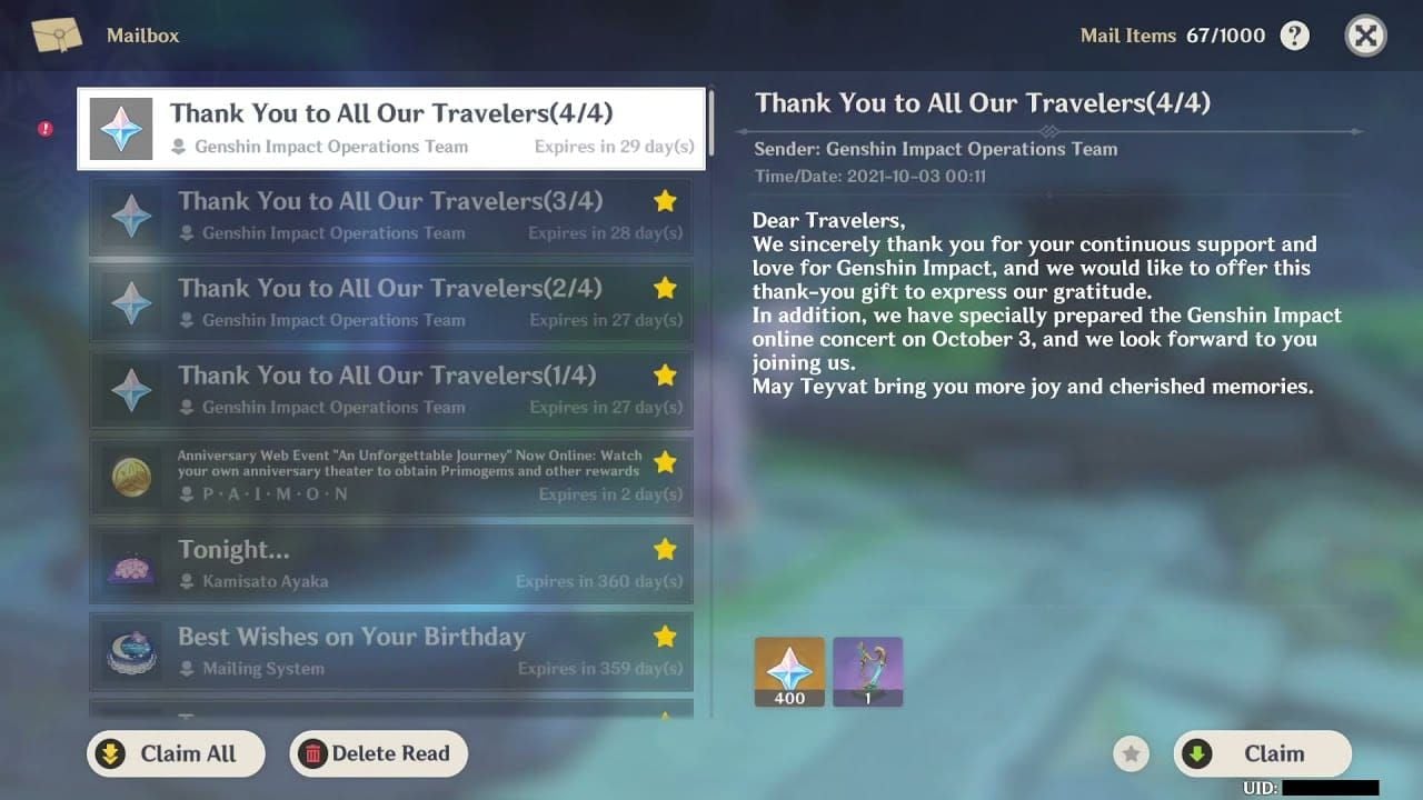 Genshin Impact anniversary mail interface showing 1,600 Primogems and anniversary rewards in player inbox