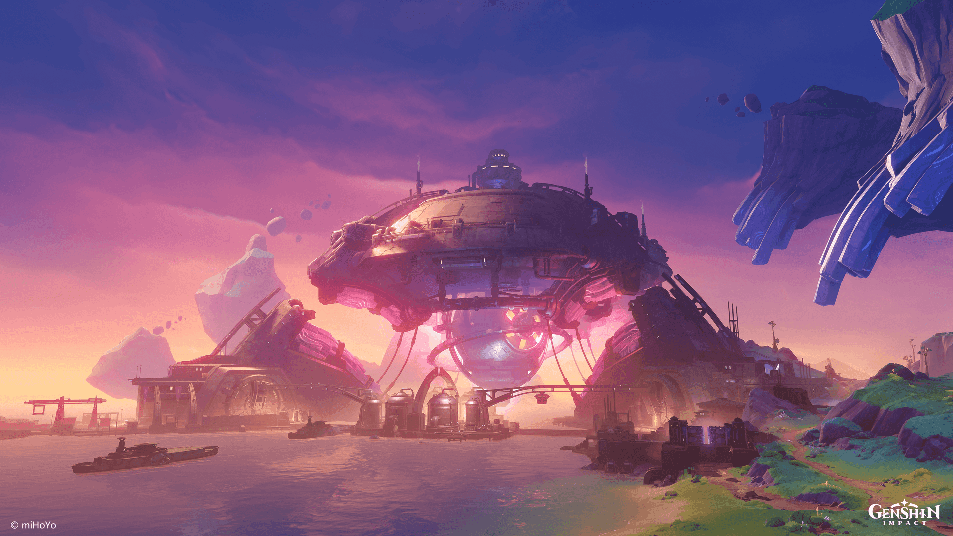 Paha Isle's Fatui fortress with steel walkways and energy cores in Genshin Impact