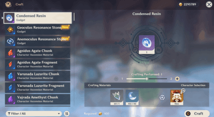 Genshin Impact Condensed Resin crafting interface showing resin management