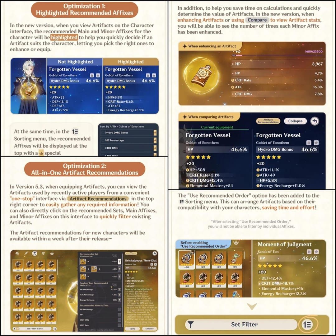 Genshin Impact artifact interface displaying Night of the Sky's Unveiling and Silken Moon's Serenade set bonuses
