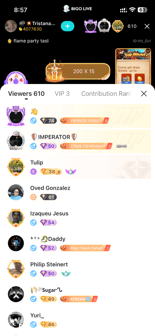 Bigo Live Level 119 profile displaying exclusive badges and enhanced features
