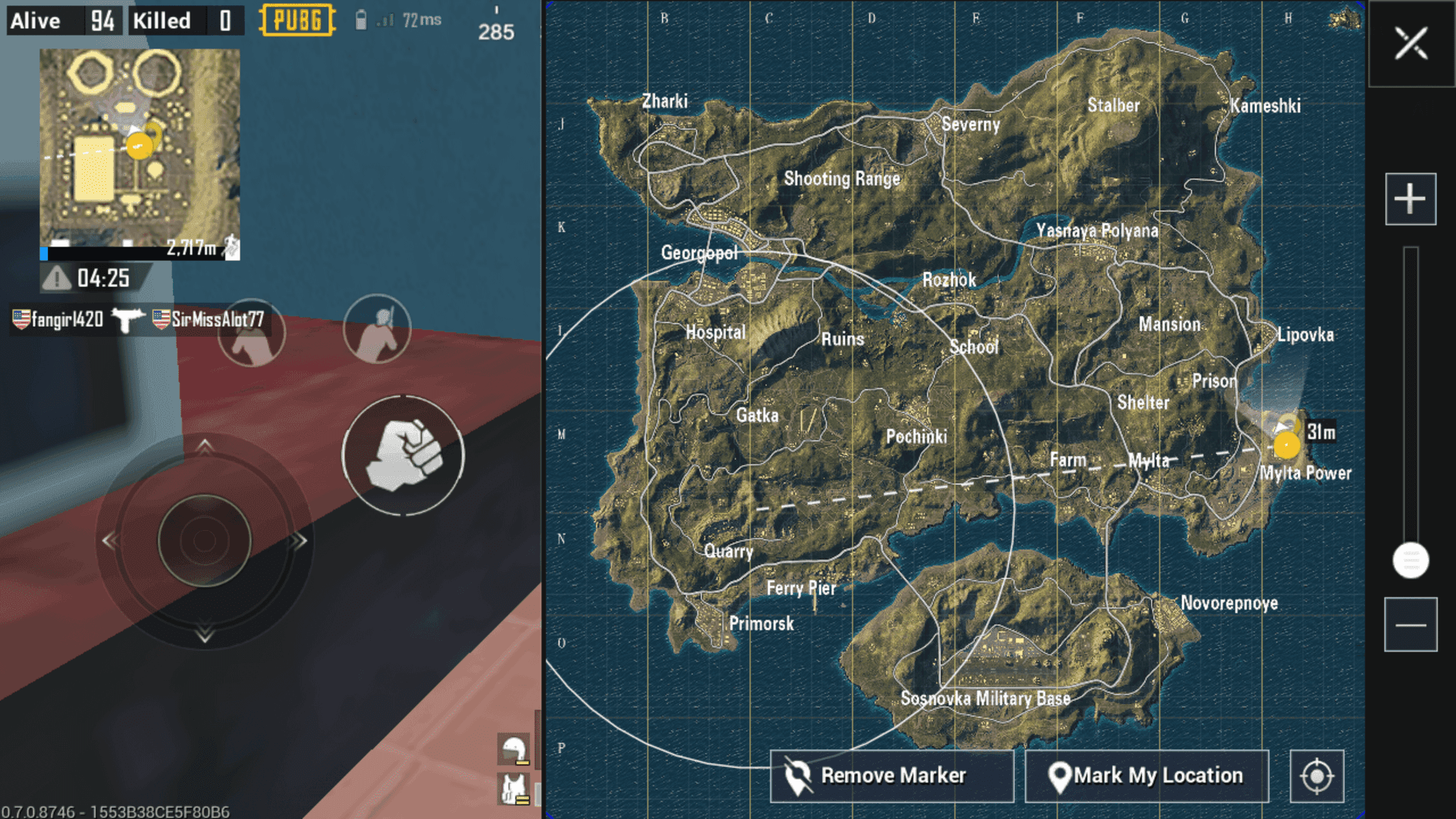 PUBG Mobile Predator vs Survivors mode map showing Mylta Power layout with terminal locations