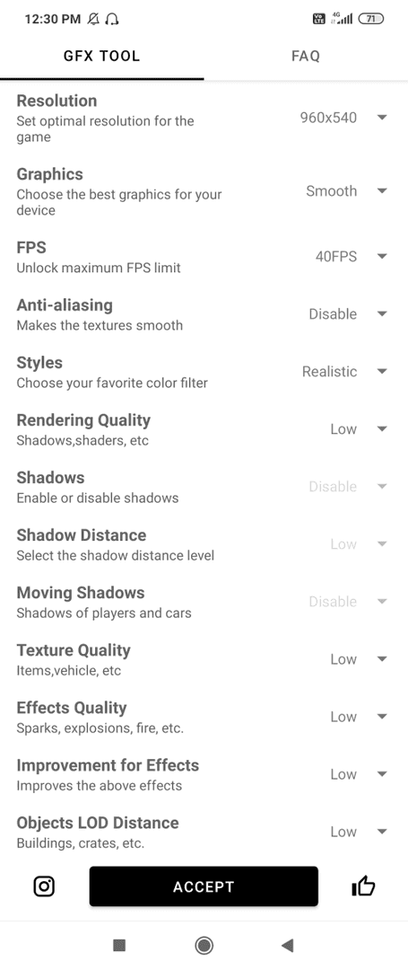GFX Tools interface displaying optimal PUBG Mobile settings for mid-range phones