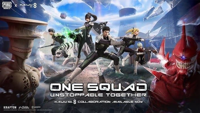 Complete Kaiju No. 8 character outfit set in PUBG Mobile showing mythic-tier design