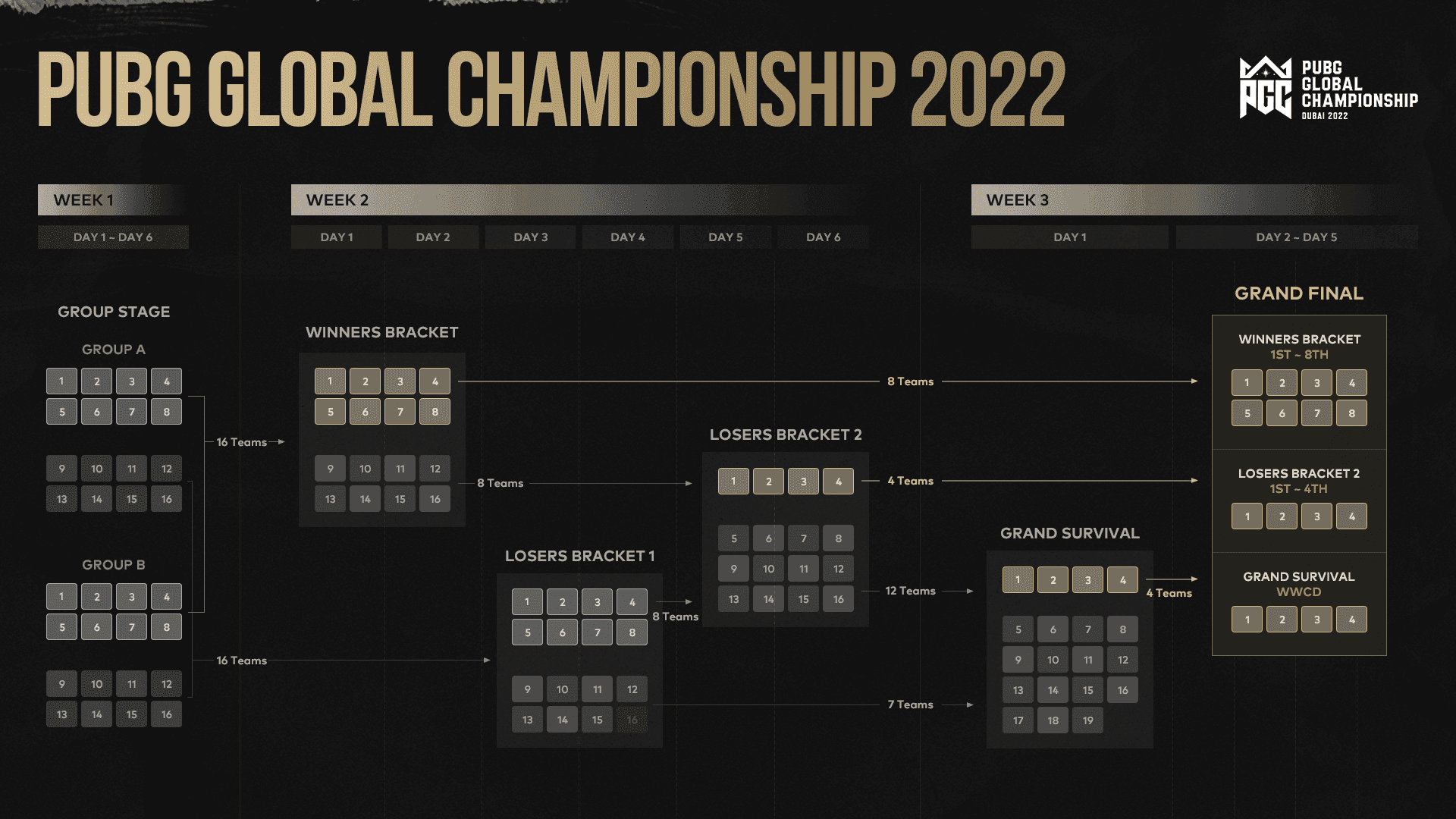 PMGC 2025 tournament structure diagram showing qualification pathways from 49 teams to Grand Finals
