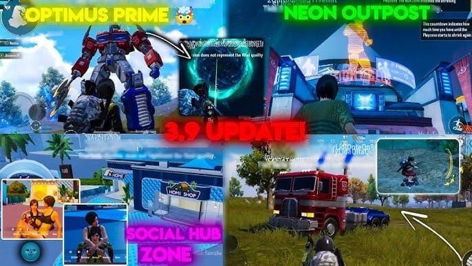 PUBG Mobile Transformers collaboration gameplay showing robot summoning and Neon Town map area