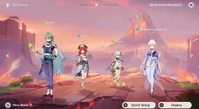 Optimal Lunar-Bloom team composition featuring Lauma, Nilou, Kokomi, and Nahida in Genshin Impact