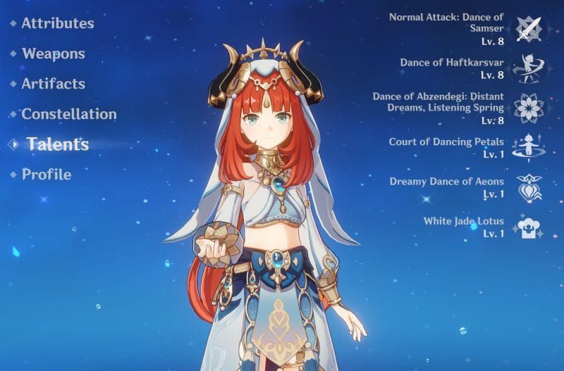 Nilou's A4 passive talent showing Bountiful Core damage scaling with HP