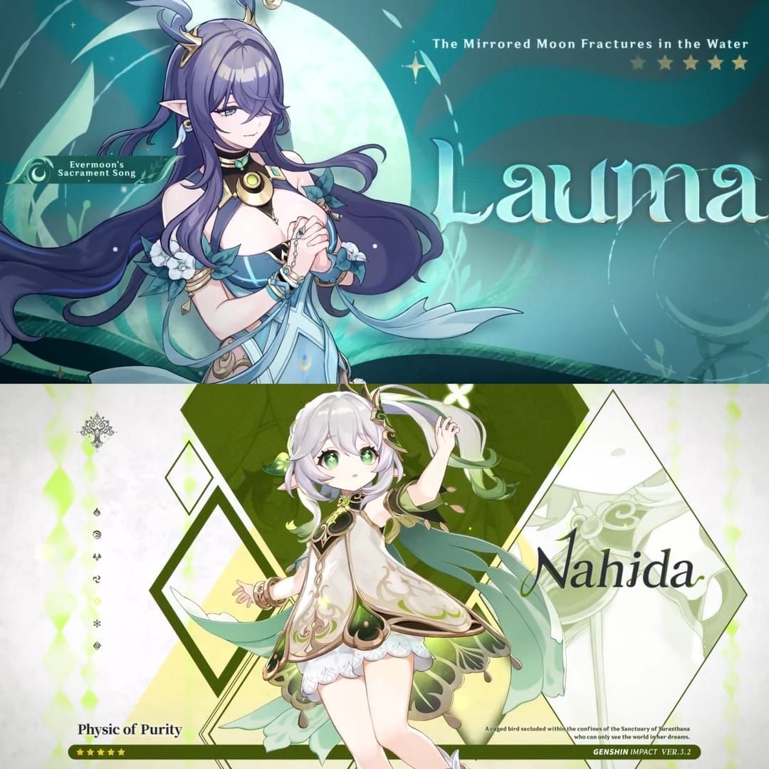 Wish banner interface featuring both Lauma and Nahida as rate-up characters