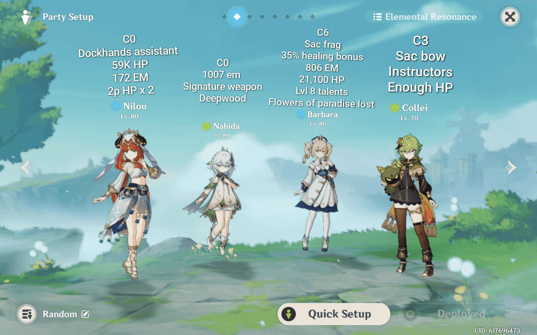 Nilou team in combat showing Bountiful Core generation with Hydro and Dendro characters
