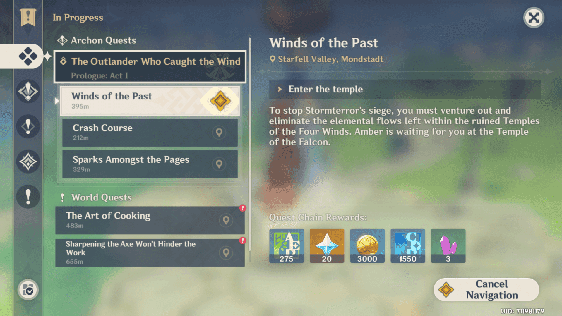 Genshin Impact quest interface showing The Journey Home Archon Quest requirement