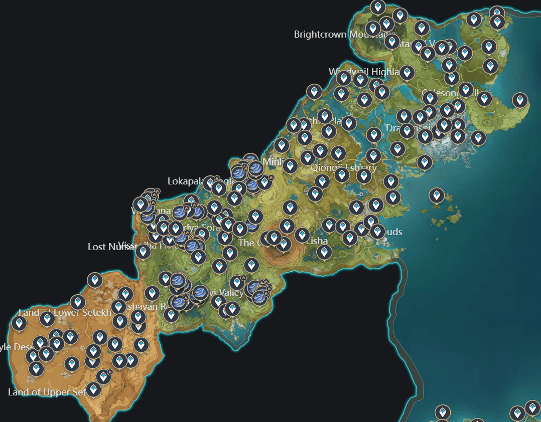 Genshin Impact regional map showing optimized travel routes between Meeting Points and Teleport Waypoints