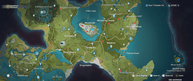 Mondstadt region map showing Meeting Point locations and optimized circular travel routes