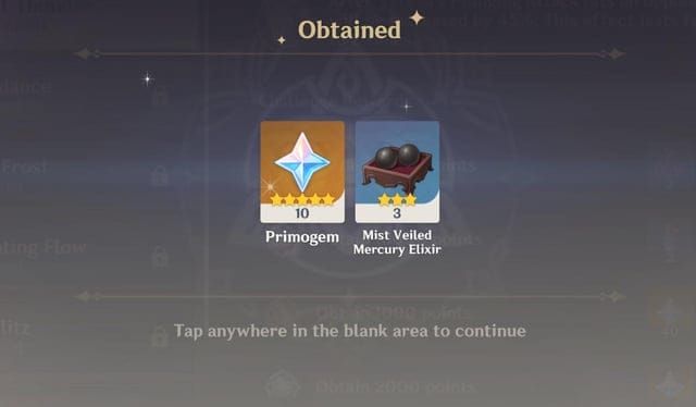Meeting Point completion rewards showing Primogems, character materials, and regional progression items