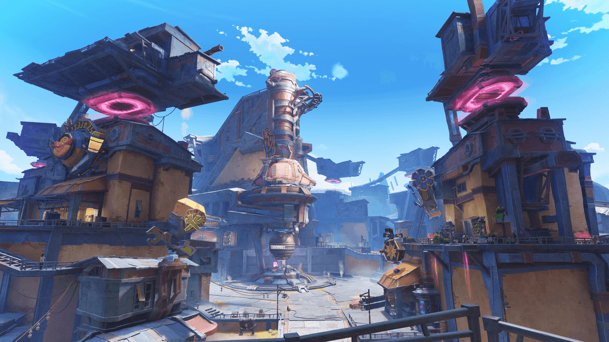 Panoramic view of Nasha Town in Genshin Impact showing steampunk architecture with glowing streetlamps and exposed gears